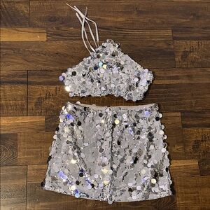 Cider Silver Sequin Mini Skirt and top set